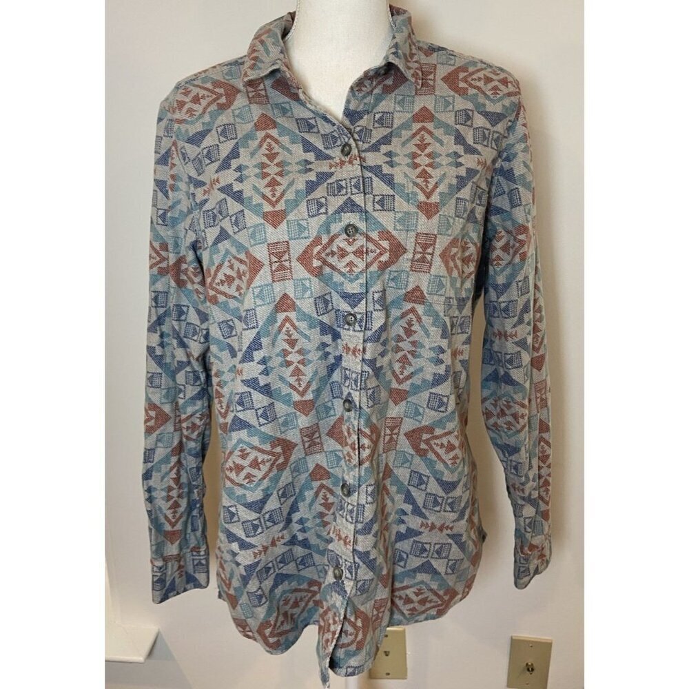 Eddie Bauer Flannel Shirt Aztec Geometric Print Blue Orange Gray Tall Large TL